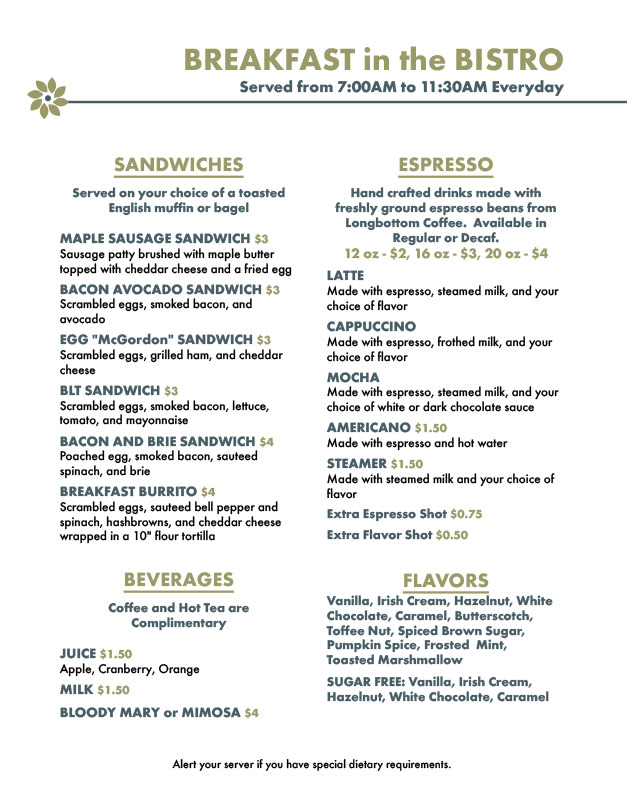 Bistro Breakfast Menu