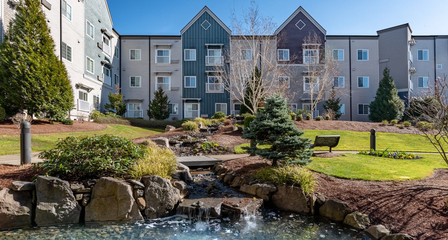 Beautiful pond at Laurel Parc Senior Living in Portland Oregon