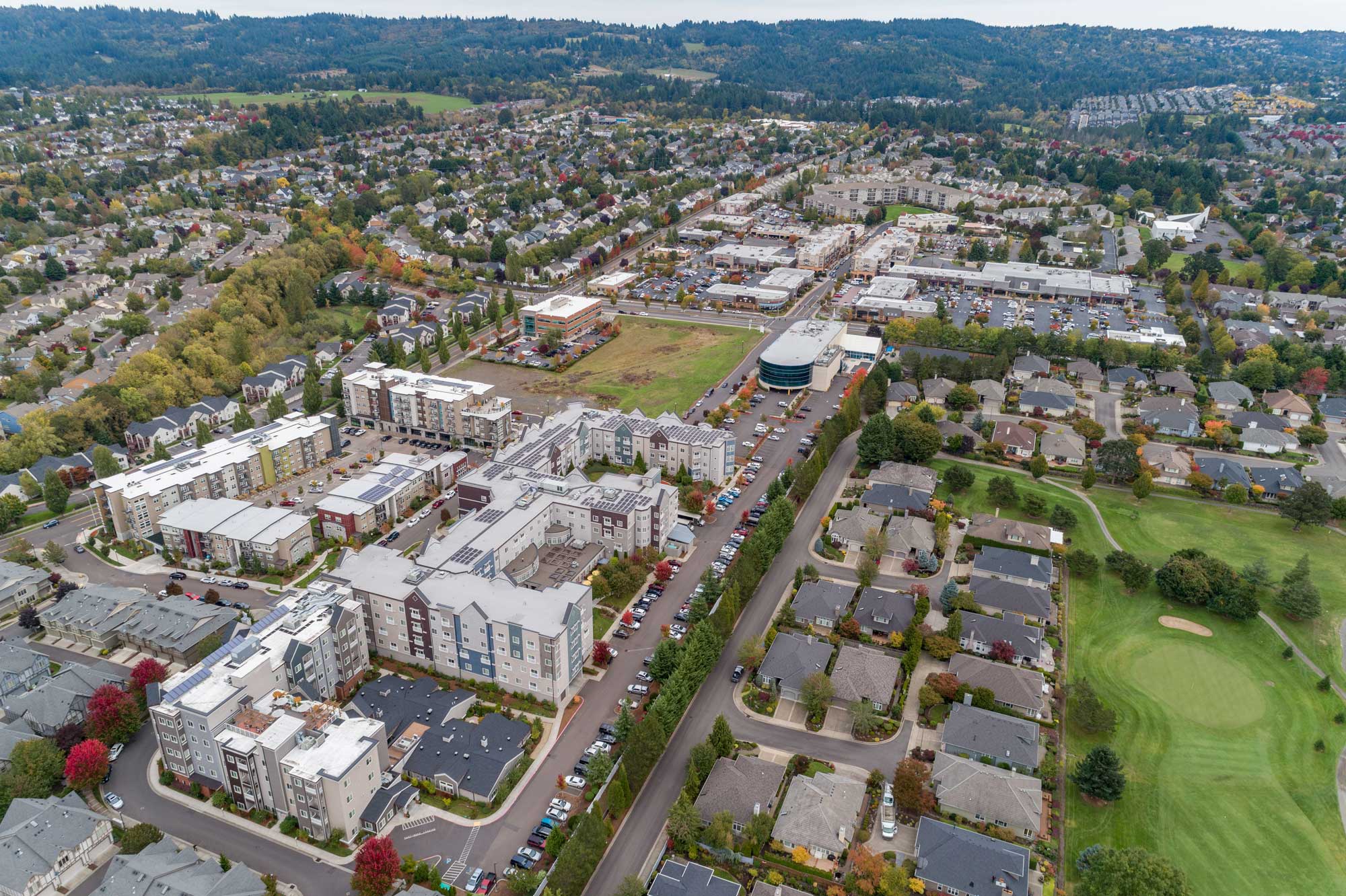 Aerial view of Bethany Village neighborhood at Laurel Parc Senior Living in Portland Oregon