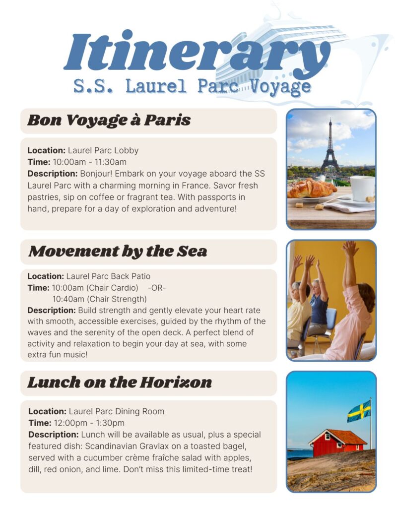 Itinerary Page 1 at Laurel Parc Senior Living in Portland Oregon