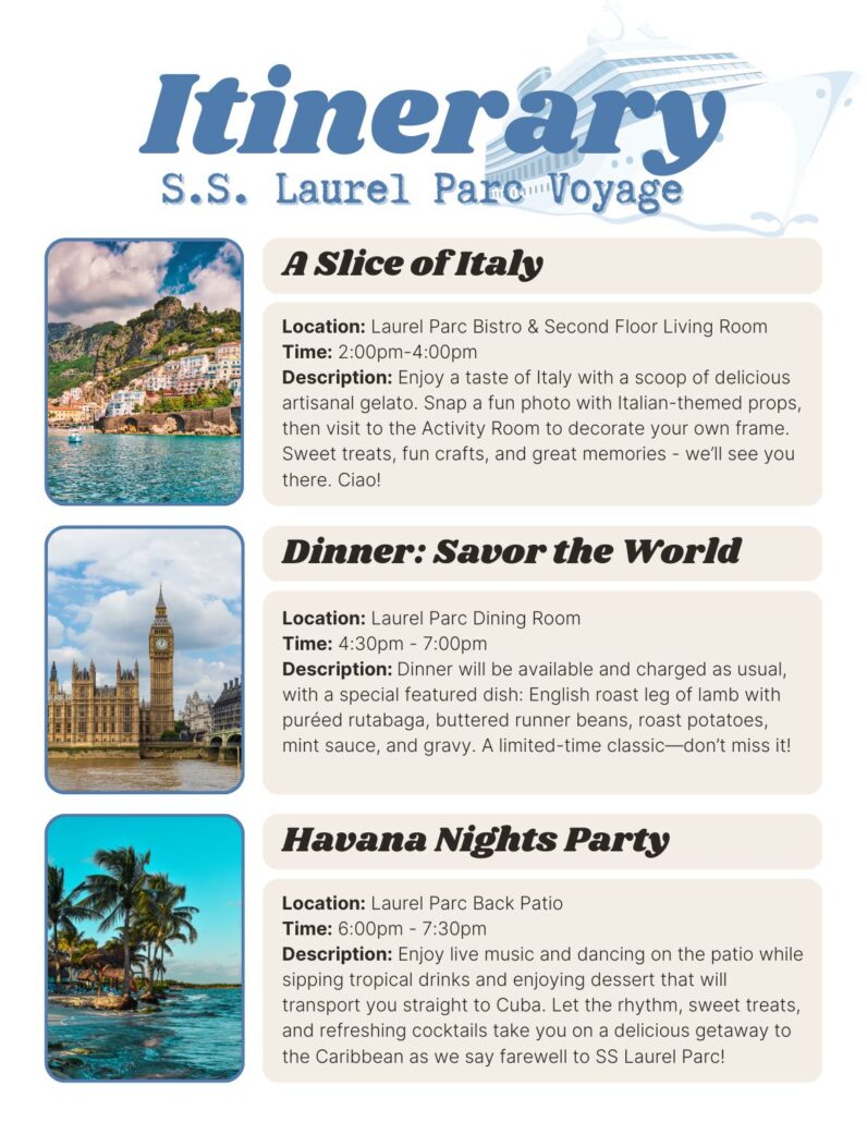 Itinerary Page 2 at Laurel Parc Senior Living in Portland Oregon