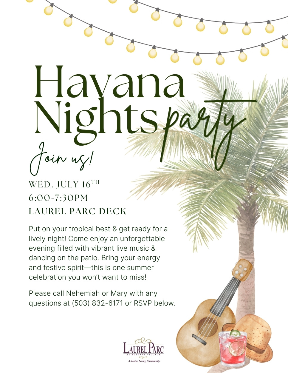 Havana Nights Party Flyer at Laurel Parc Senior Living in Portland Oregon