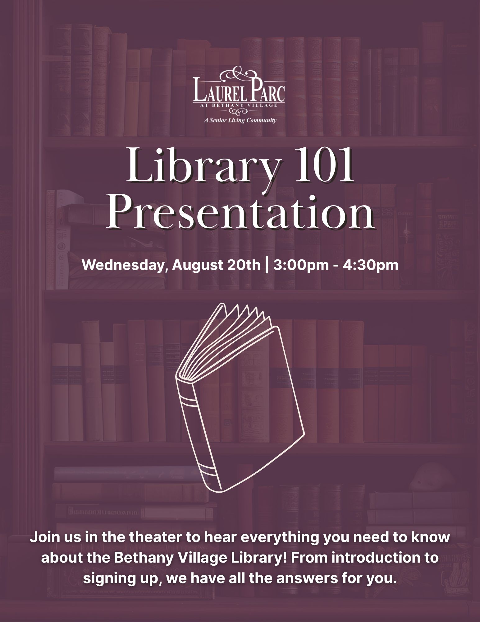 Libary 101 event flyer at Laurel Parc Senior Living in Portland Oregon