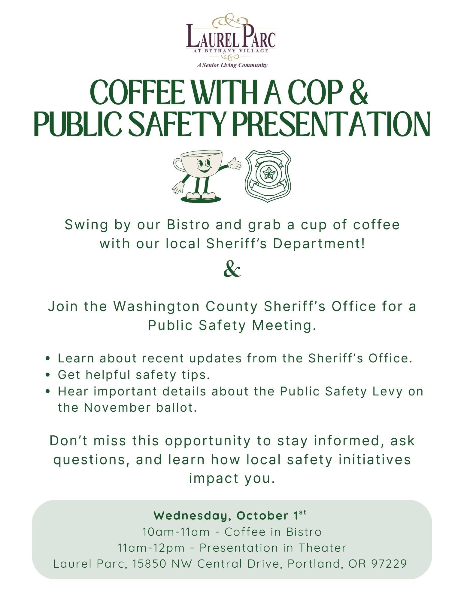 10/1/2025: Coffee with a Cop and Public Safety Presentation at Laurel Parc Senior Living in Portland Oregon