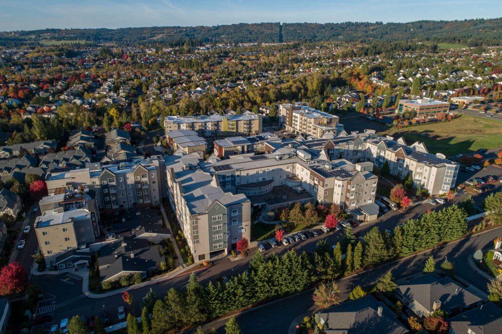 Aerial view showing bethany village neighborhood at Laurel Parc Senior Living in Portland Oregon