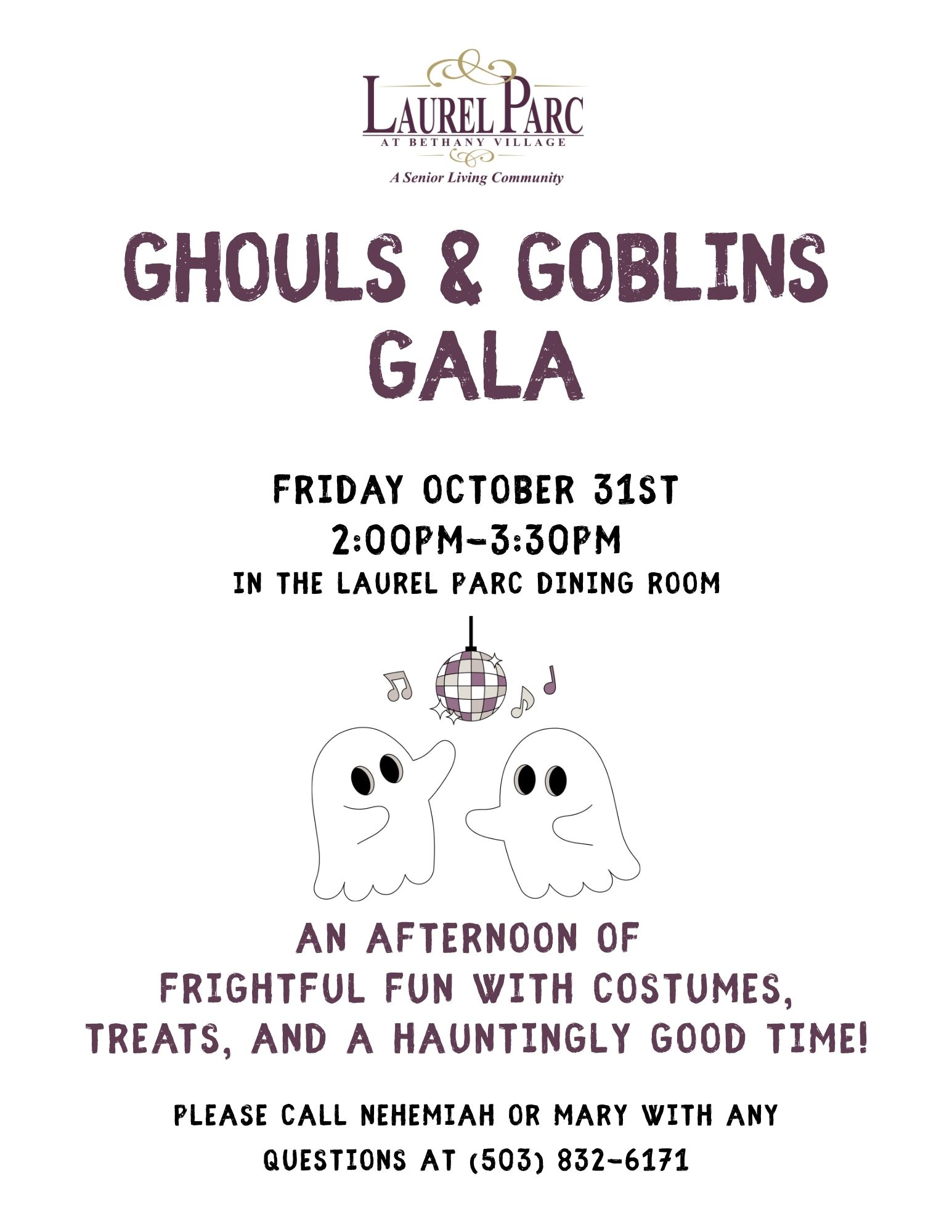 Ghouls Goblins Gala event at Laurel Parc Senior Living in Portland Oregon