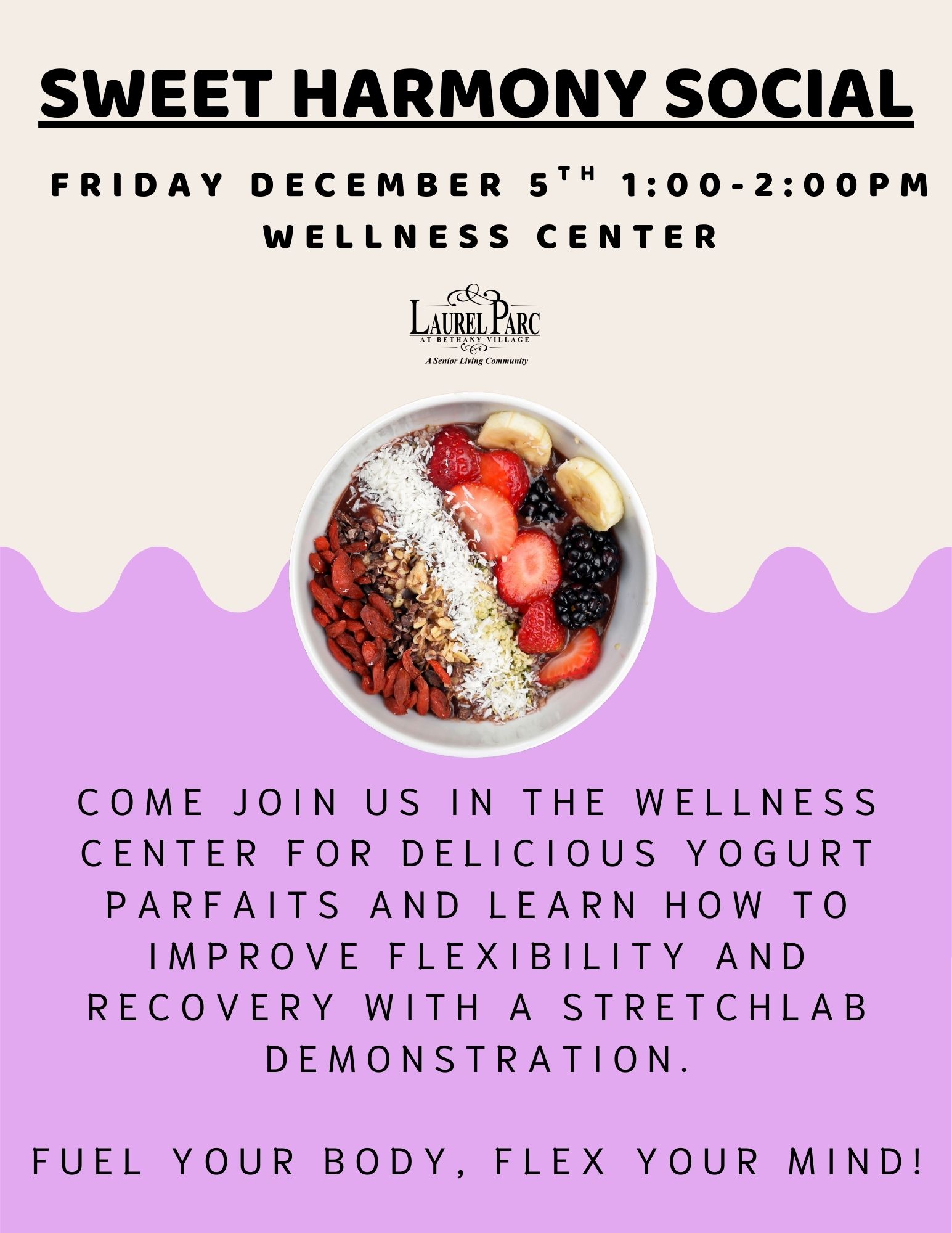 Sweet Harmony Social Event Flyer at Laurel Parc Senior Living in Portland Oregon