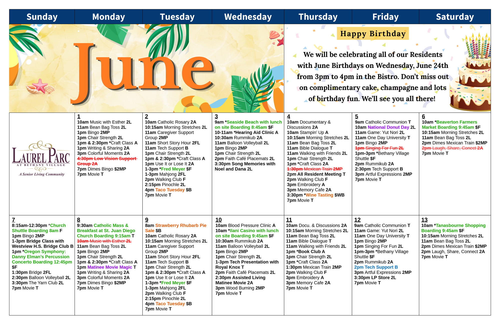June Events Calendar at Laurel Parc Senior Living in Portland Oregon pg 1