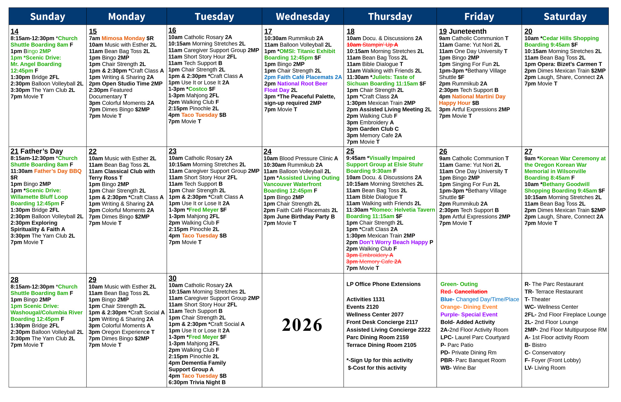 June Events Calendar at Laurel Parc Senior Living in Portland Oregon pg 2